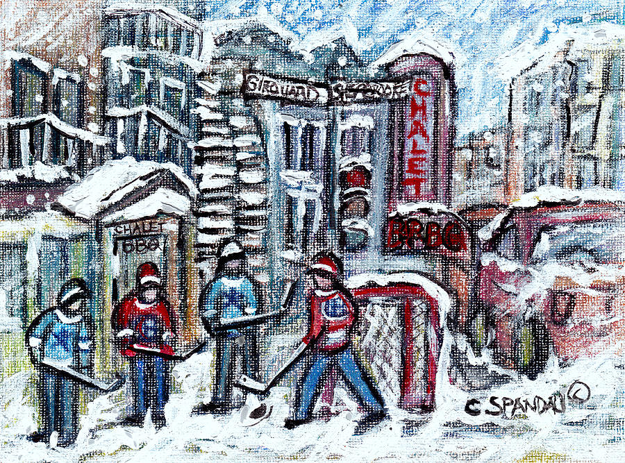 Chalet Bbq Rue Sherbrooke Snow Day Hockey Art Winter Scene Montreal Painting C Spandau Quebec Artist Painting by Carole Spandau