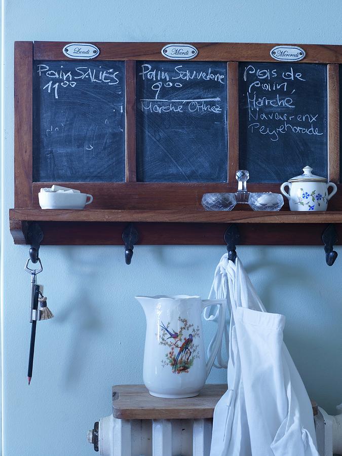 Chalkboards And Hooks For Weekly Planning On Old Wall-mounted Shelf Photograph by Matteo Manduzio