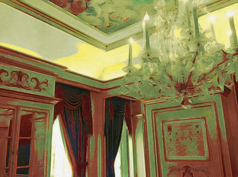 Chandelier In Green And Copper Room Photograph