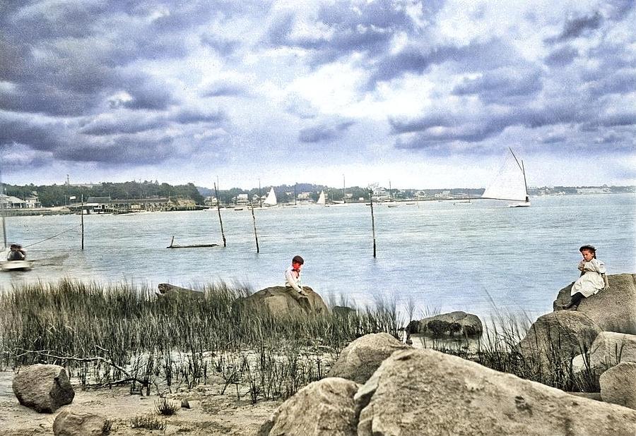 Channing And Florence On Rocks In Onset Bay Colorized By Ahmet Asar Colorized By Ahmet Asar Painting