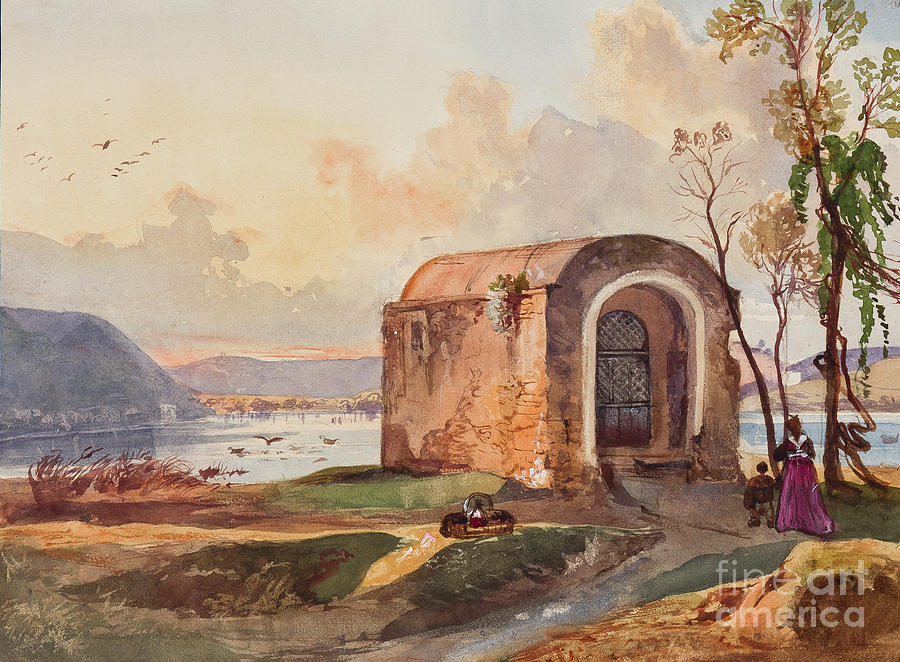 Chapel By Lake Lucrino, With Additions By A Borbone Pupil, Possibly Princess Maria Annunziata Di Borbone Painting by Giacinto Gigante