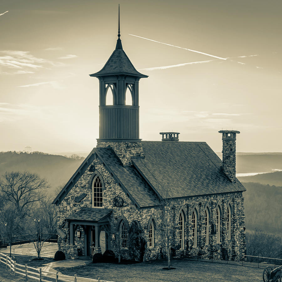 Chapel of the Ozarks - Ridgedale Missouri 1x1 Sepia Photograph by Gregory Ballos
