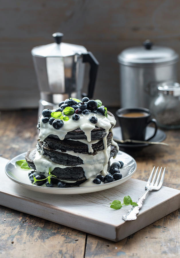Charcoal Pancakes With Blueberries And Vegan Soy Cream Photograph by Lara Jane Thorpe