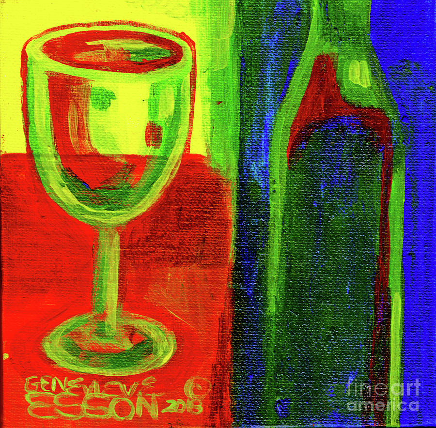 Chardonnay Wine Abstrct with Bottle in Blue Background Painting by Genevieve Esson