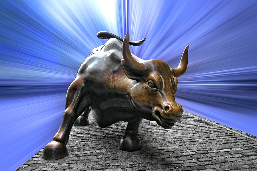 Charging Wall Street Bull in Blue by Wes and Dotty Weber Charging Wall Street Bull in Blue by Wes and Dotty Weber