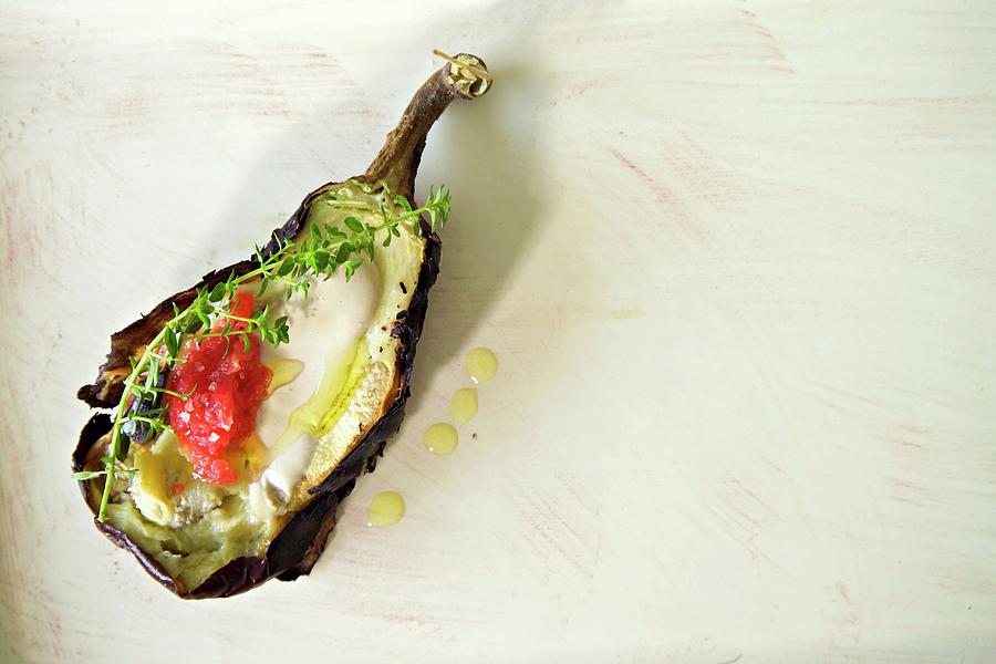 Chargrilled Aubergine With Tahini And Olive Oil Photograph by Danny Lerner