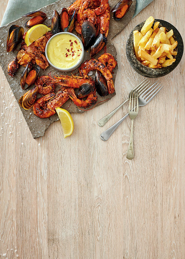 Chargrilled Seafood Platter With Chips And Aoli Photograph by Great Stock!
