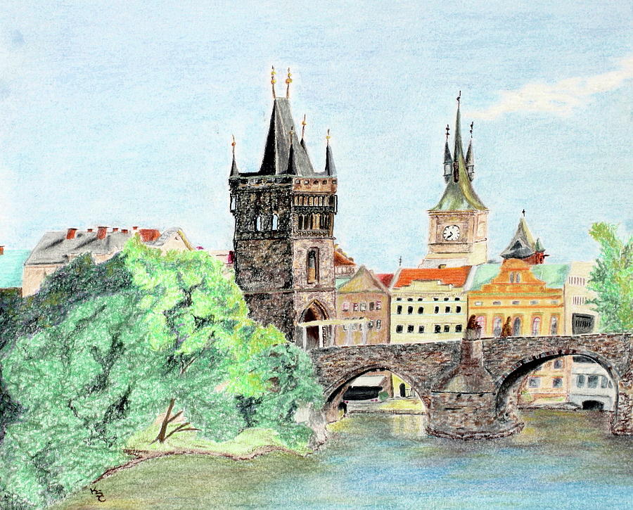 Charles Bridge, Prague Drawing by Kathy Crockett