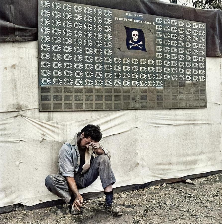 Charles Fenno Jacobs  1904-1975  Tired Member Of Vf-17 Pauses Under The Squadron Scoreboard At Boug Painting