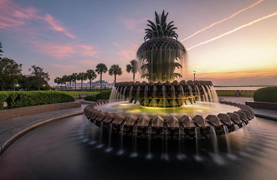 Charleston Pineapple Fountain Golden Hour meets Blue Hour Photograph by Donnie Whitaker