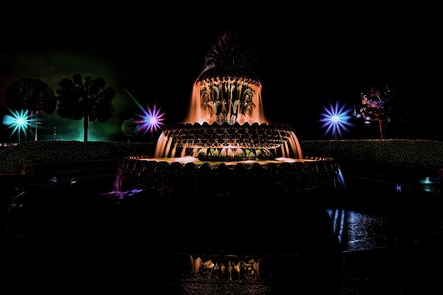 Charlestons Pineapple Fountain at night Photograph by Sven Brogren