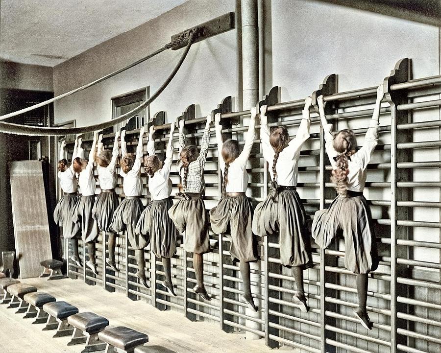 Charlestown High School, Girls Exercising On Bars Against The Wall, 1899 By Augustine H. Folsom Colo Painting