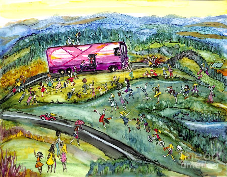 Breast Cancer Painting - Chasing the Pink Bus by Patty Donoghue