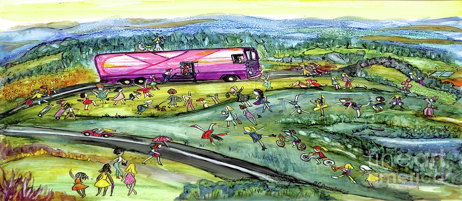 Chasing the pink bus Wide Painting by Patty Donoghue