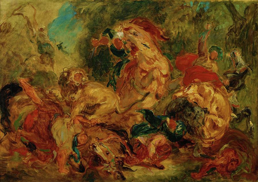 Chasse aux lions - Lion hunt. Canvas,86 x 115 cm R.F.1984-33. Painting by Eugene Delacroix -1798-1863- Chasse aux lions - Lion hunt. Canvas,86 x 115 cm R.F.1984-33. Painting by Eugene Delacroix -1798-1863-