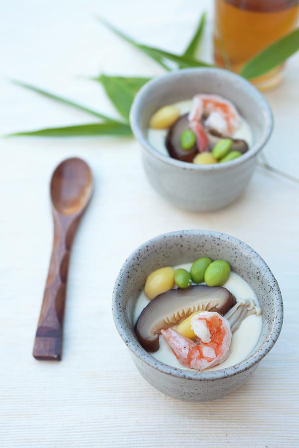 Chawanmushi japanese Egg Soup With Shiitake, Enoki, Edamame, Ginkgo And Prawns Photograph by Rika Manabe Photography