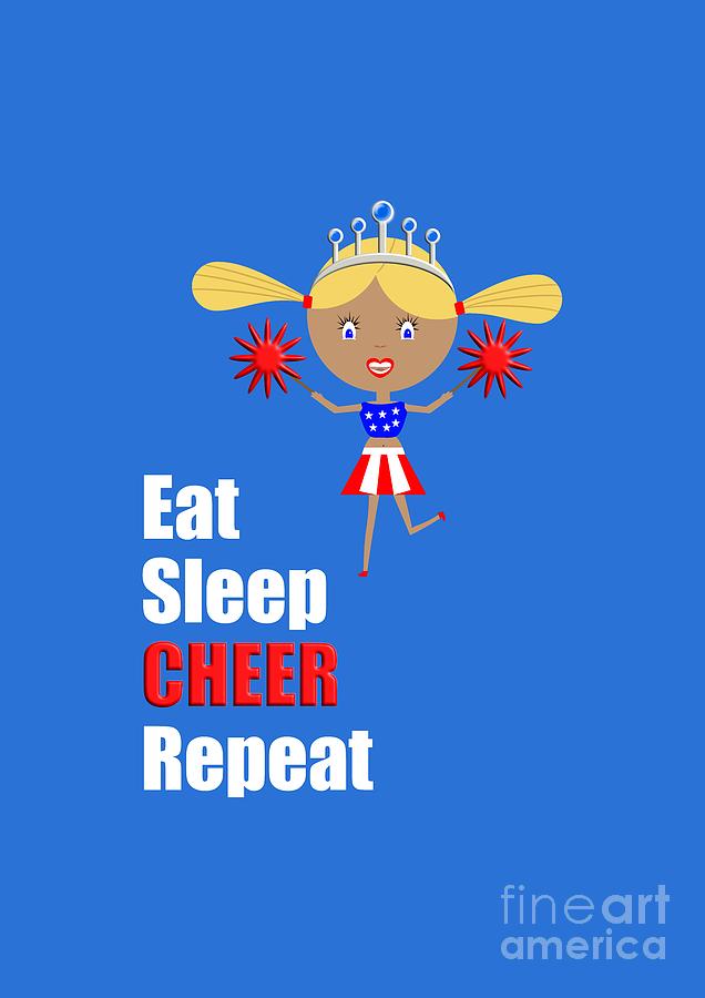 Cheerleader and Pom Poms with Text Eat Sleep Cheer Text Digital Art by Barefoot Bodeez Art