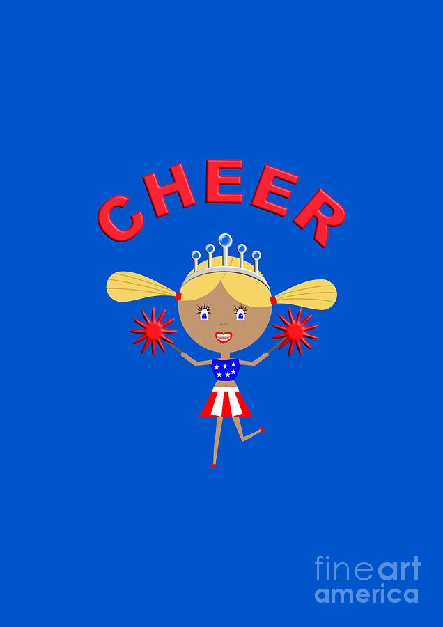 Cheerleader With Pom Poms and Cheer in Arched Text  Digital Art by Barefoot Bodeez Art