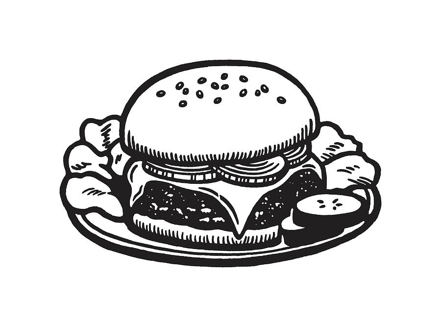 Black And White Drawing - Cheesburger and Chips by CSA Images