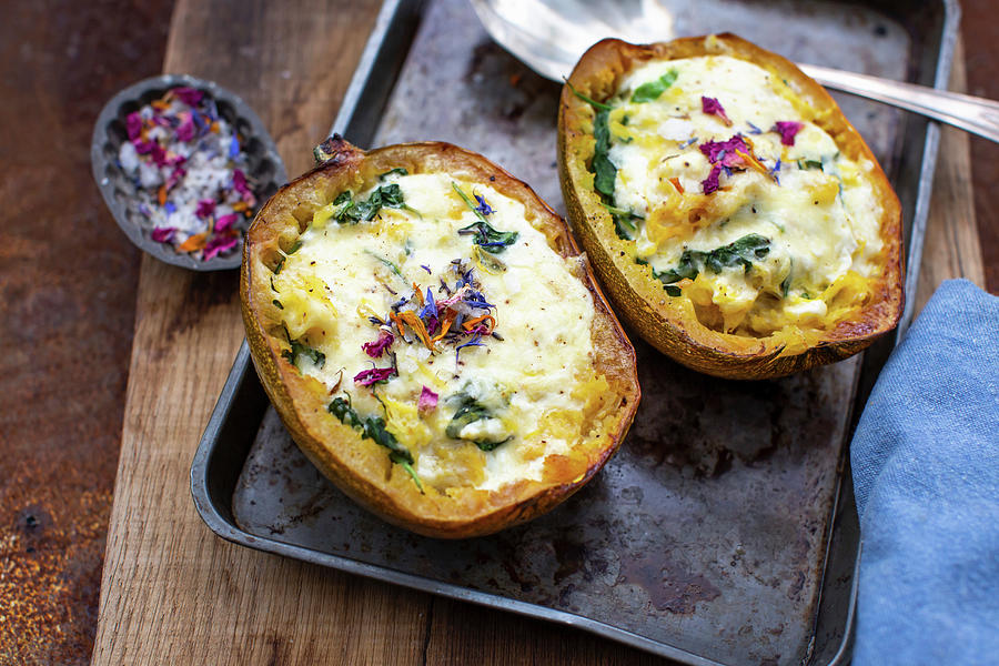 Cheese And Spinach Filled Roasted Spagetti Squash Photograph by Lara Jane Thorpe