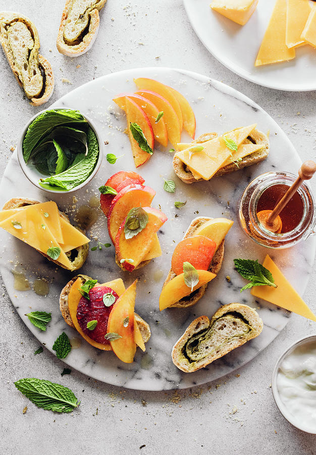 Cheese Appetizers With Peaches, Mint And Honey Photograph by Maria Squires