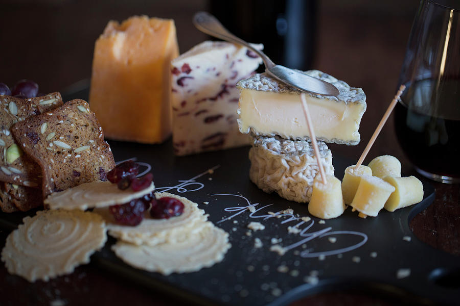 Cheese Board Still Life With Crackers, Cranberries And Wine Photograph by Eising Studio