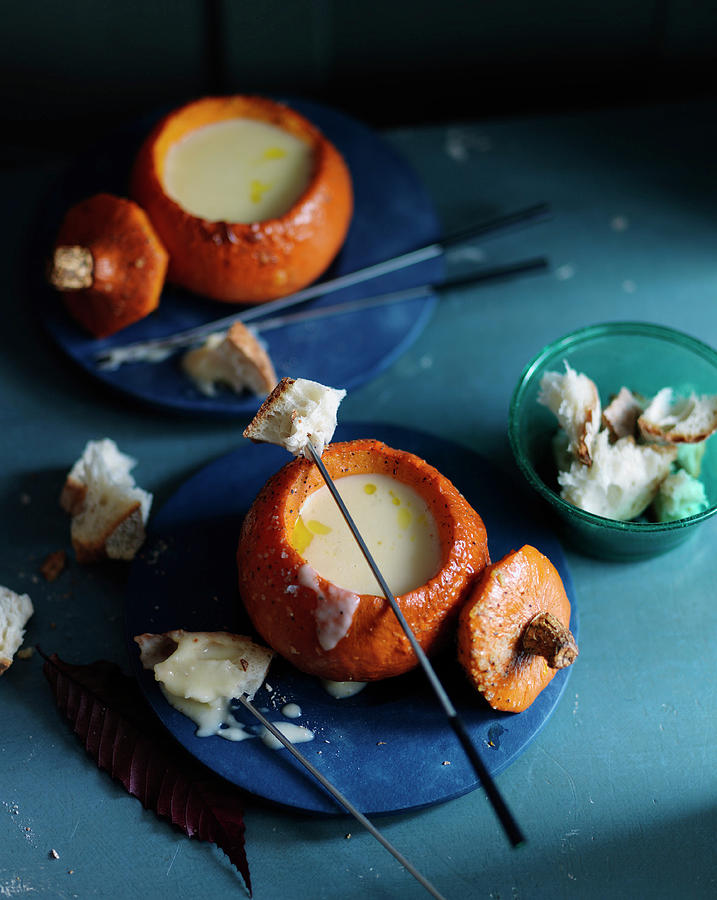 Cheese Fondue In Pumpkins, With White Bread Photograph by Karen Thomas