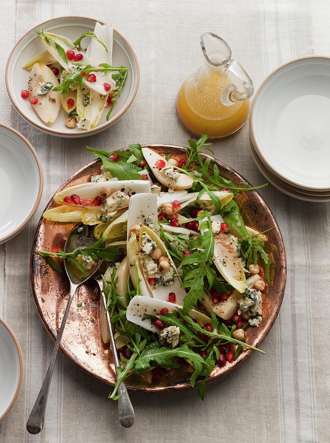 Cheese Salad With Pears, Chicory, Hazelnuts And Pomegranate Seeds Photograph by Lingwood, William