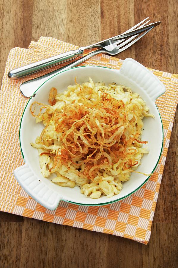 Cheese Sptzle soft Egg Noodles From Swabia In An Enamel Baking Dish Photograph by Food Experts Group