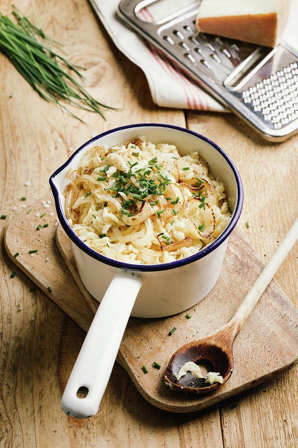 Cheese Sptzle soft Egg Noodles From Swabia With Chives And Onions Photograph by Jennifer Braun