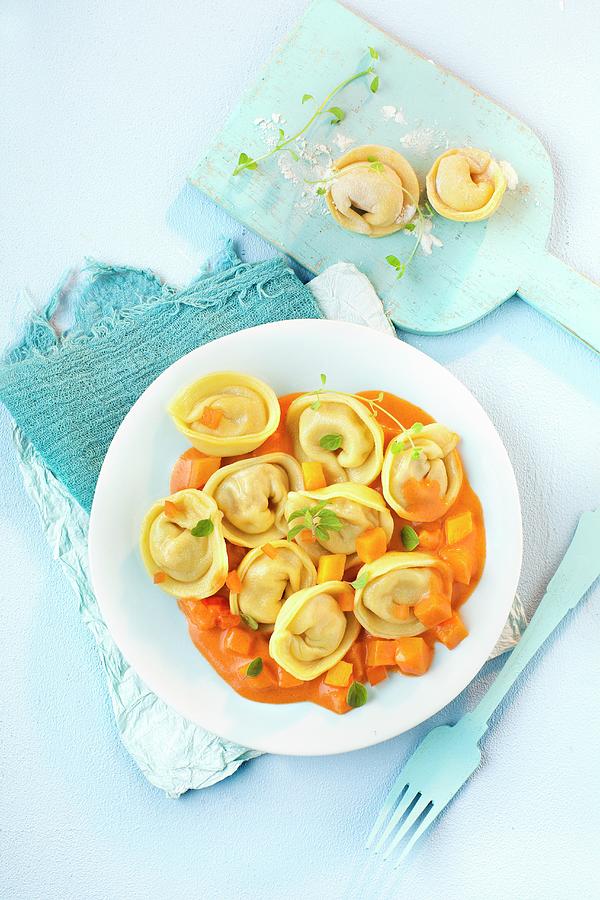 Cheese Tortellini In Tomato And Pumpkin Sauce Photograph by Stephanie Gayer