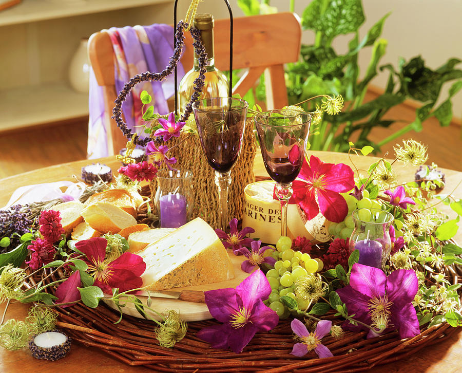 Cheese, Wine, Grapes, Clematis Flowers And Lavender Photograph by Friedrich Strauss