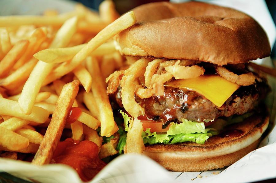 Cheeseburger With French Fries And Ketchup Photograph By Riess Studio