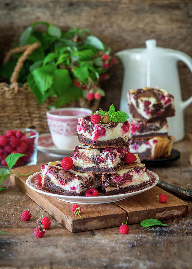Cheesecake Brownie With Raspberries Photograph by Irina Meliukh