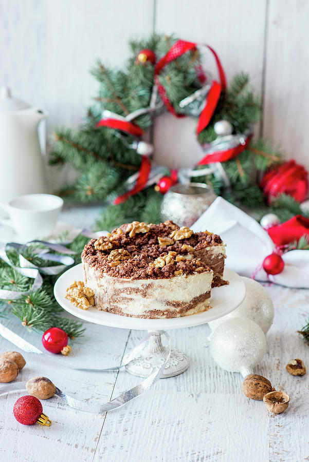 Cheesecake With Chocolate And Walnuts For Christmas Photograph by Irina Meliukh