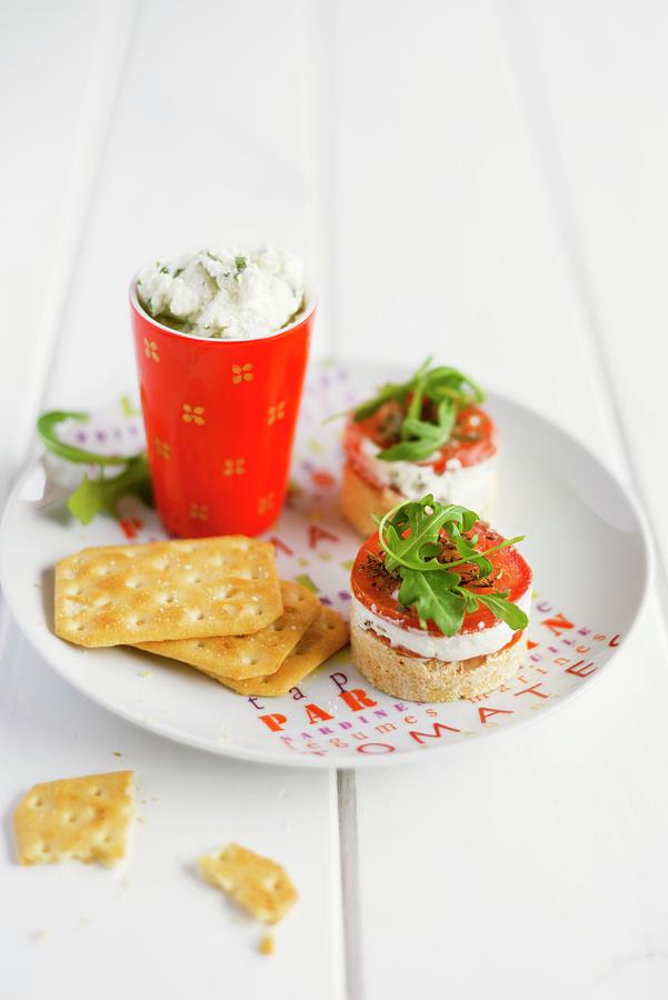 Cracker Photograph - Cheesecake With Goats Cream Cheese, Tomatoes And Crackers by Sonia Chatelain