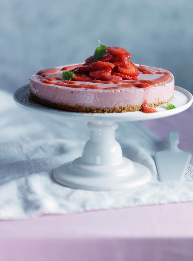 Cheesecake With Strawberries And Mint Photograph by Karen Thomas