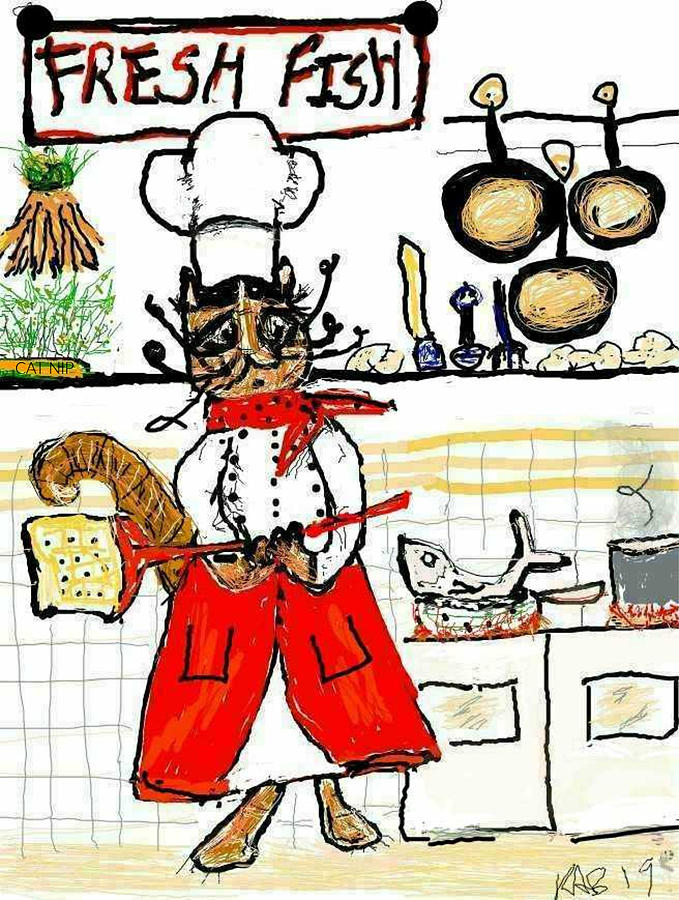 Chef Cat Drawing by Kathy Barney