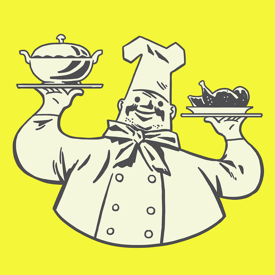 Chicken Drawing - Chef Holding a Soup Tureen and Plate of Chicken by CSA Images