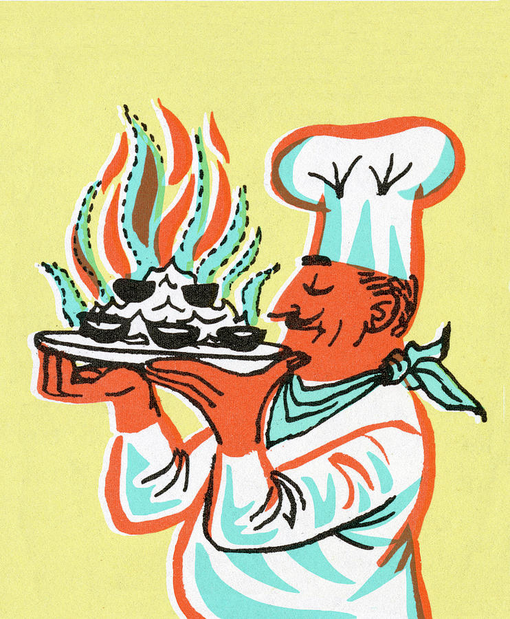 Vintage Drawing - Chef Holding Flaming Platter by CSA Images