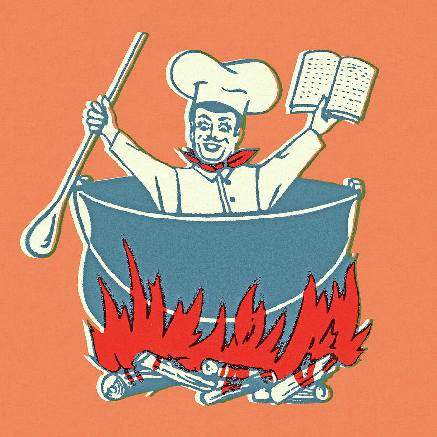 Vintage Drawing - Chef in a Kettle on a Flame by CSA Images