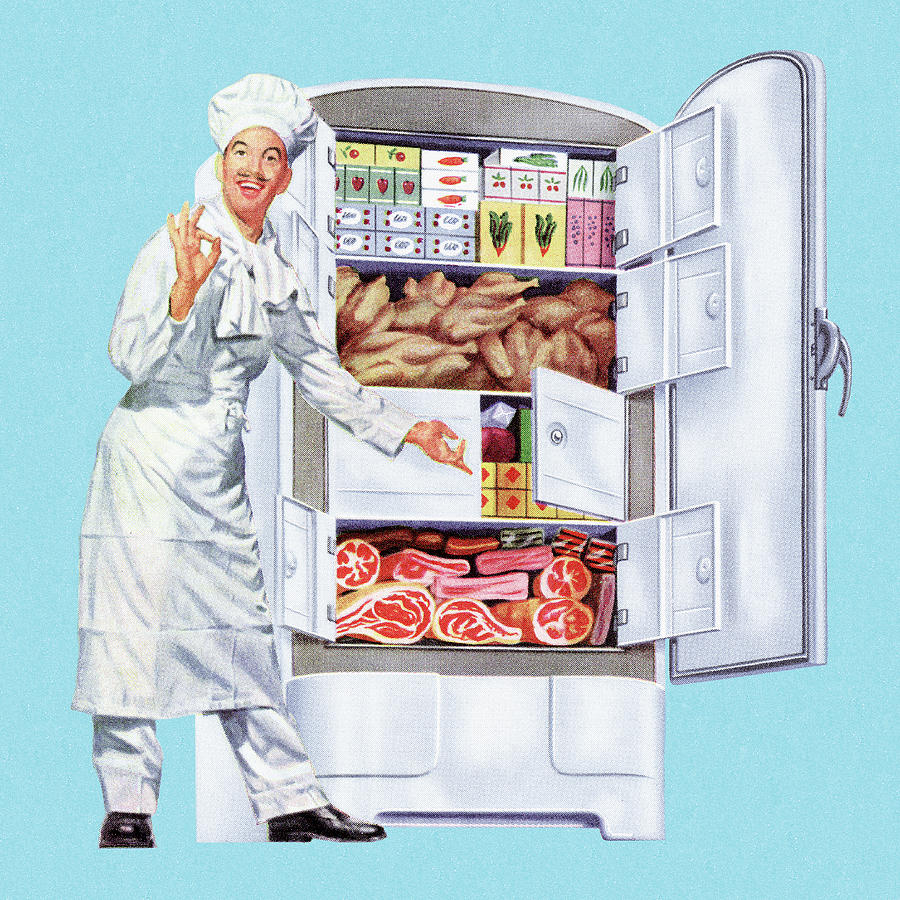 Vintage Drawing - Chef Showing Inside of Refrigerator by CSA Images