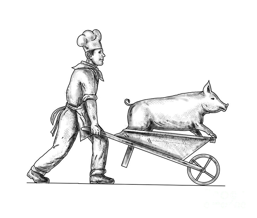 Chef With Wheelbarrow And Pig Tattoo Digital Art