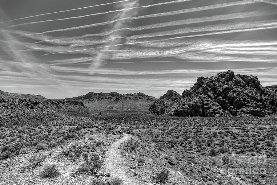 Las Vegas Photograph - Chem Trails Black White over Valley of Fire  by Chuck Kuhn