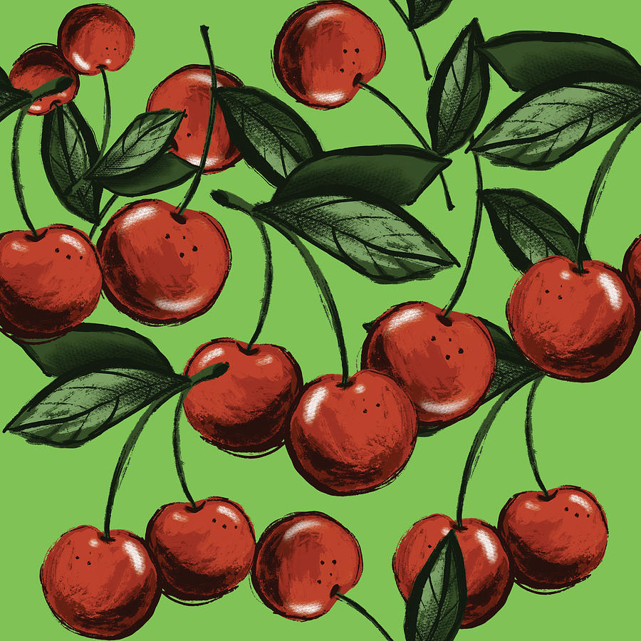 Cherries And Green Drawing by Curtis