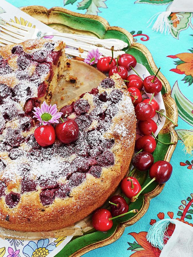 Cherry And Chocolate Cake Dusted With Icing Sugar Photograph by Hannah Kompanik