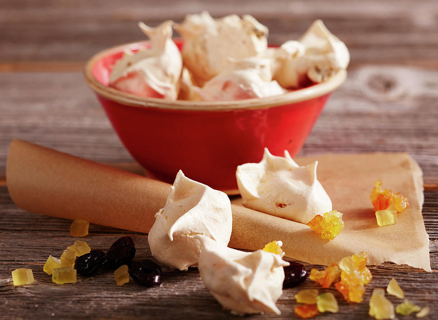 Cherry And Orange Meringues With Orange Peel And Dried Cherries Photograph by Teubner Foodfoto