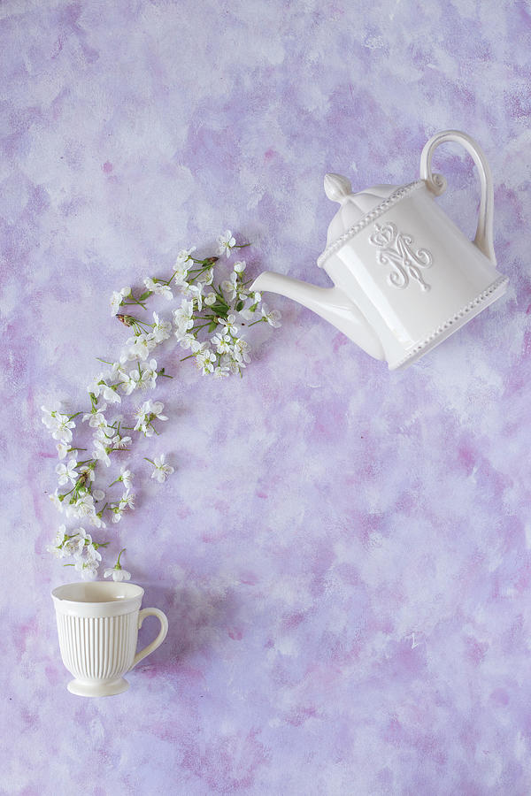 Cherry Blossom Flowers Pouring From Teapot Into A Cup Photograph by Malgorzata Laniak