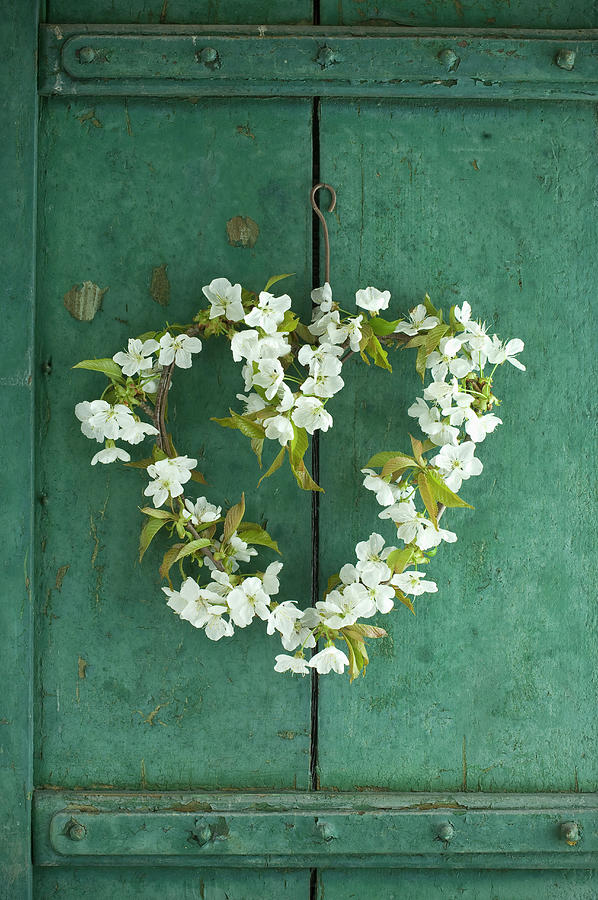 Cherry-blossom Heart-shaped Wreath On Rustic Cupboard Door Photograph by Achim Sass