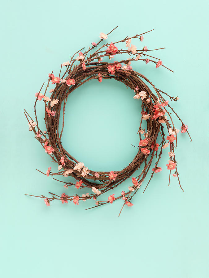 Cherry Blossom Wreath Hanging On A Blue Photograph by Mentalart